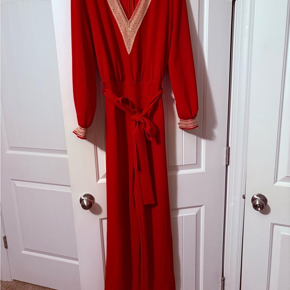 Elegant Red Jumpsuit with Lace Trim